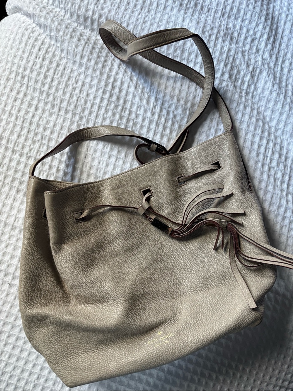 kate spade Pebbled Leather Shoulder Bag in Taupe with Tassel